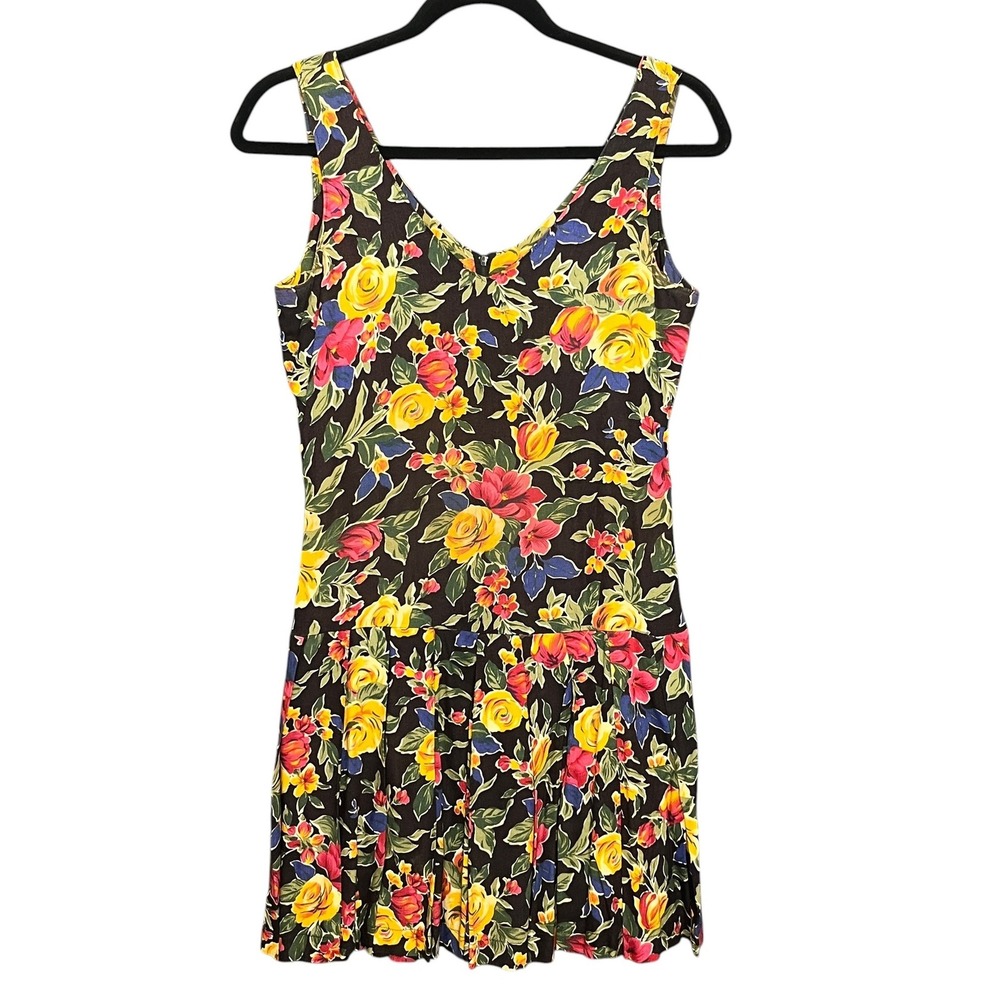 Vintage Express Floral Drop Waist Pleated Mini Dress XS USA Indie 90s‎ Cottage